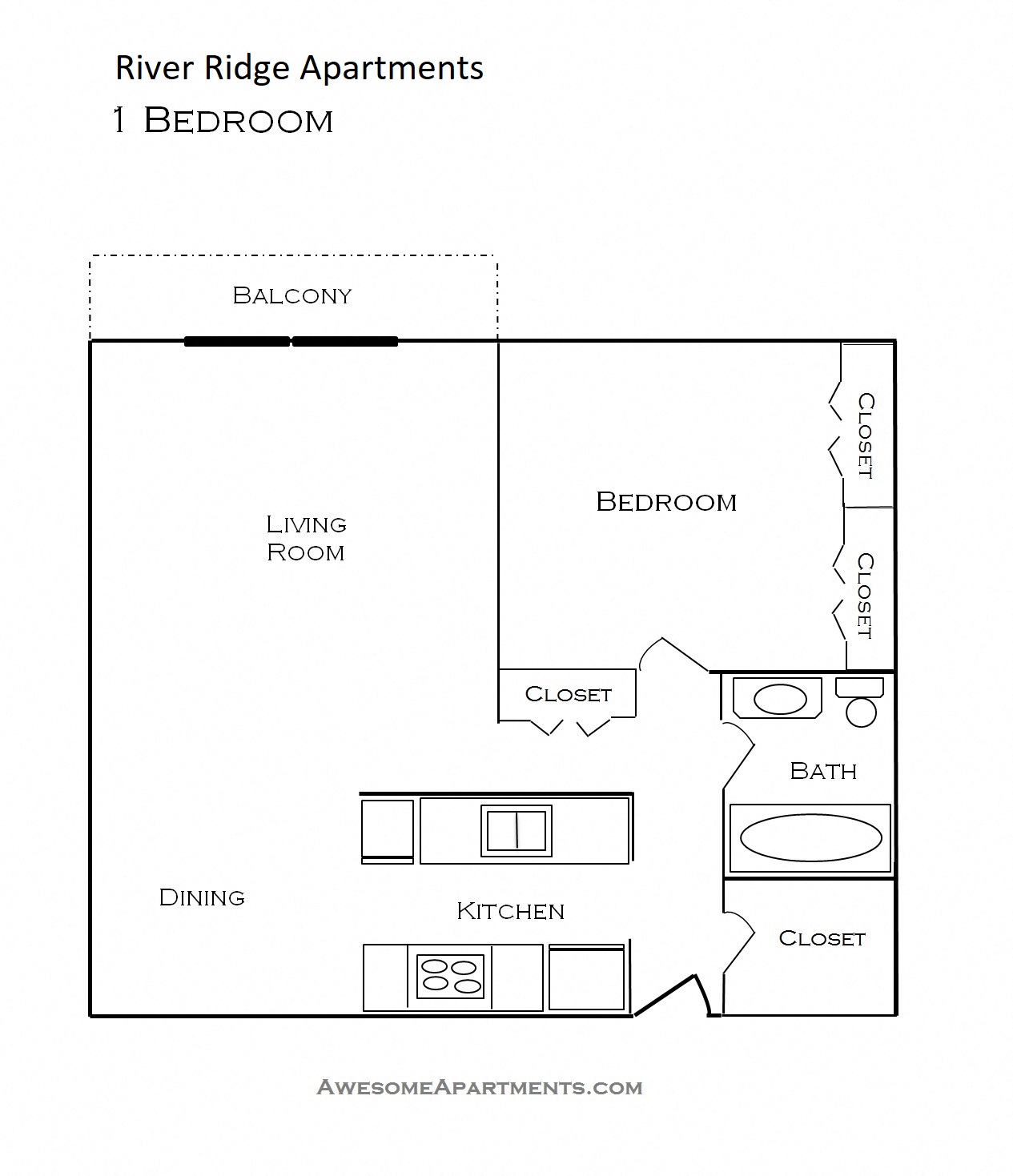 Floor plan for 1 bed, 1 bath, 870 sqft